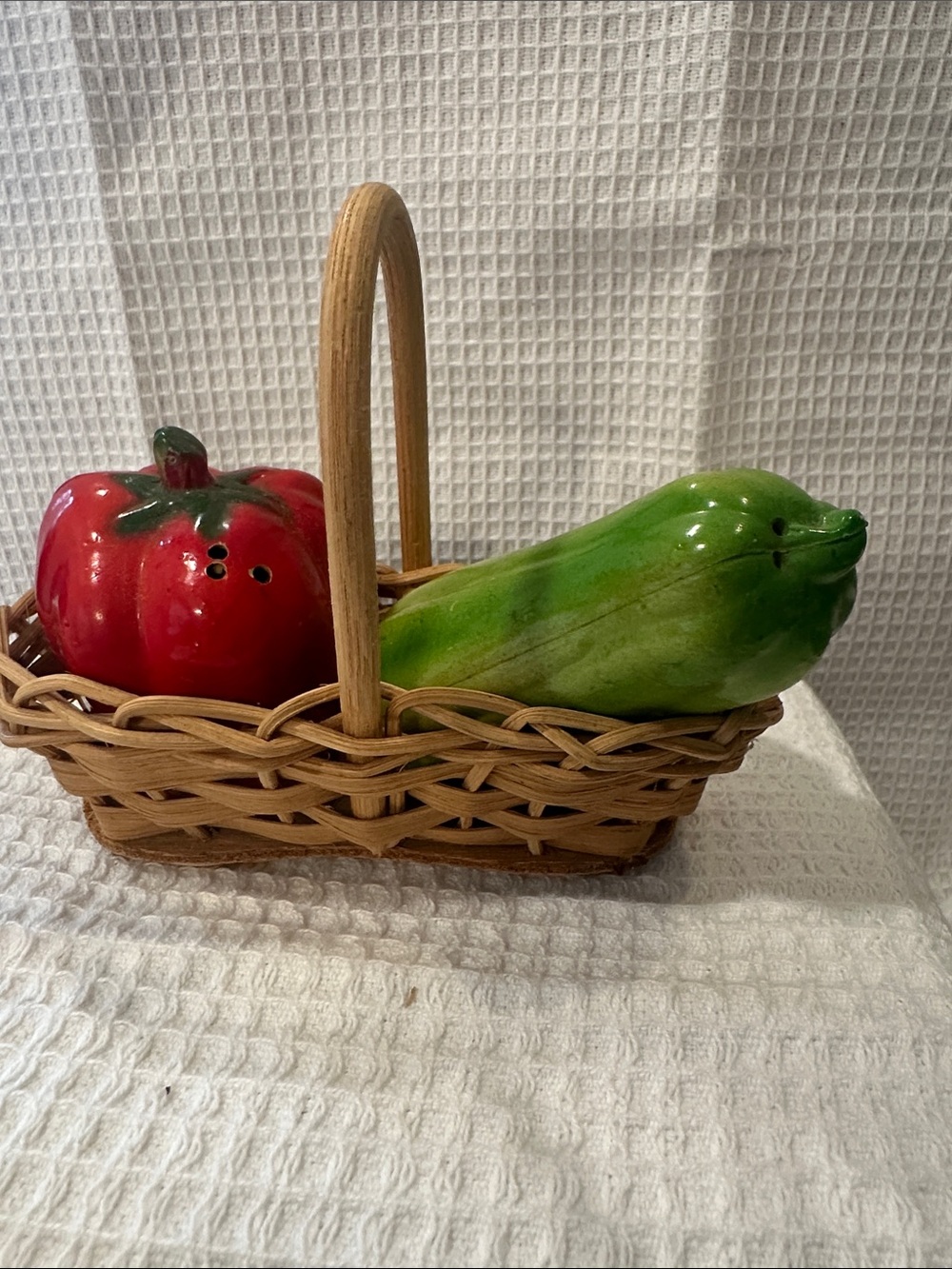 Three piece, vegetable basket Salt and Pepper Shaker Set